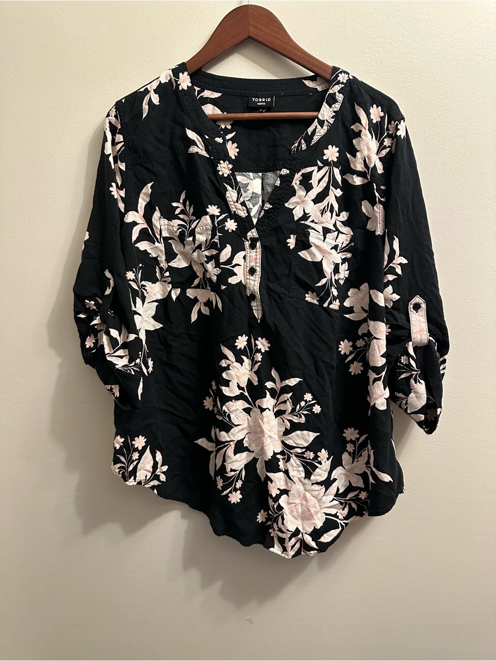 torrid Black Floral Henley Blouse with Soft Pink Print